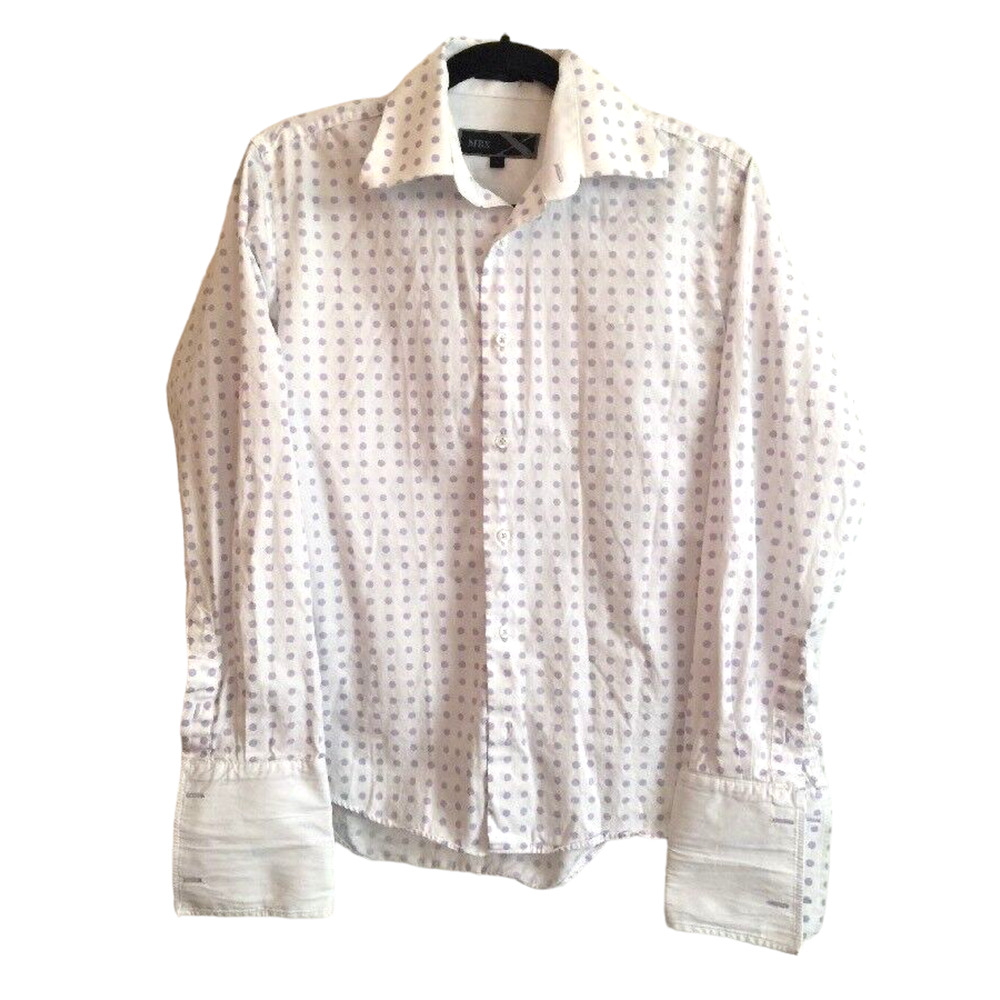 Small MBX White Button Up Men's Shirt Polka Dots French Cuff 100% Cotton